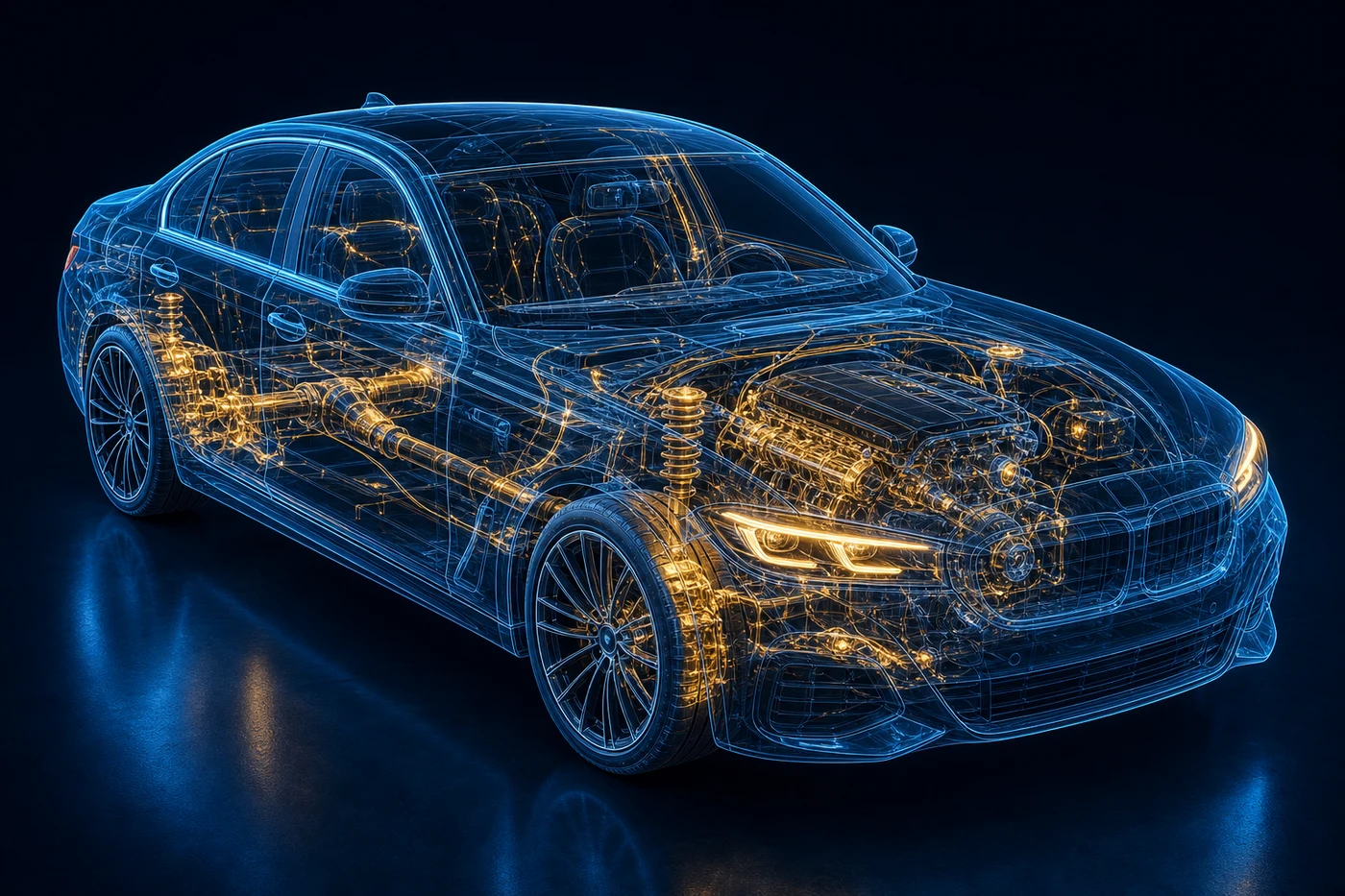 Transparent three-dimensional car showing its engine, drivetrain, suspension and electrical systems