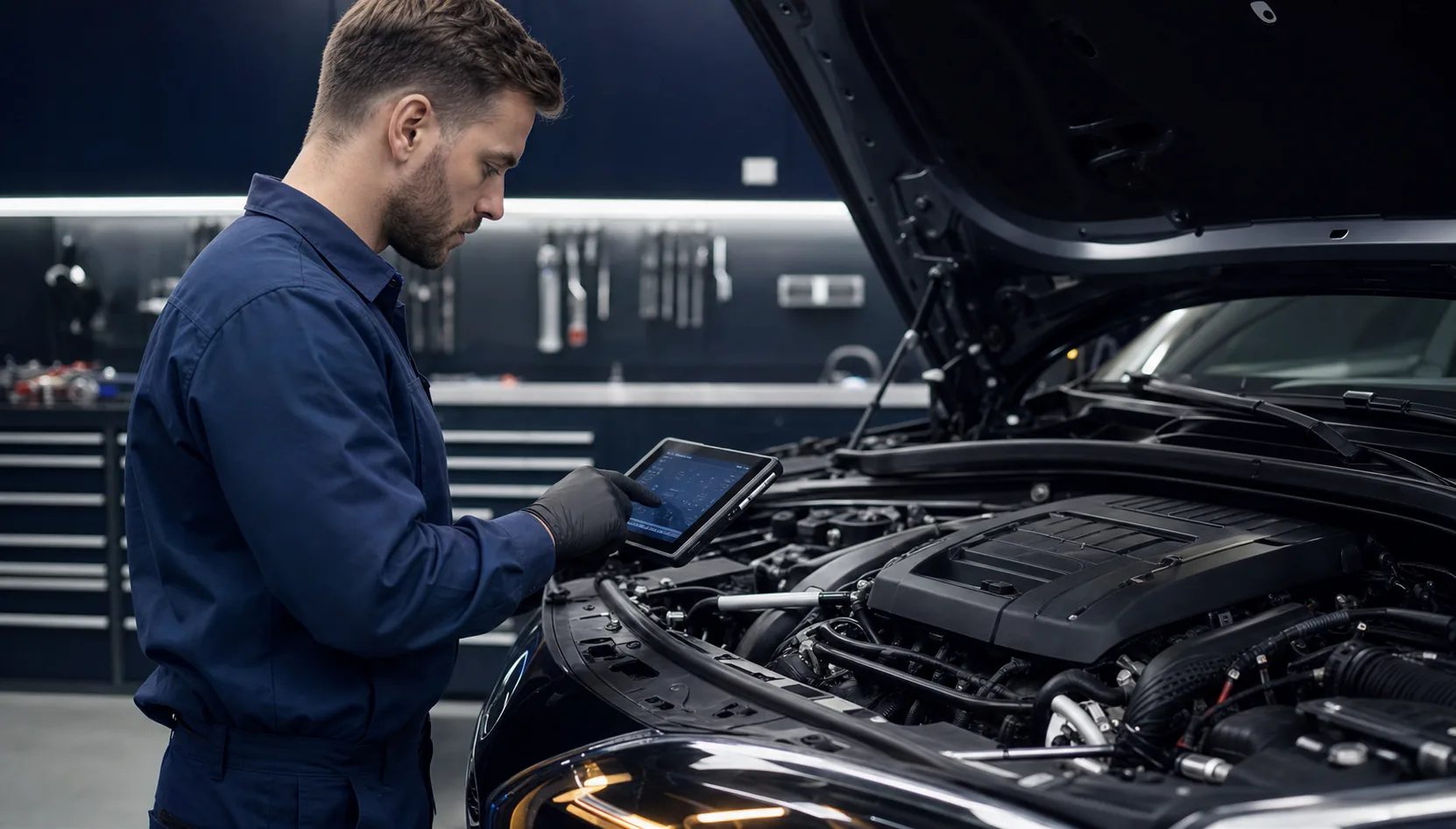 Autopodium mechanic diagnosing a vehicle